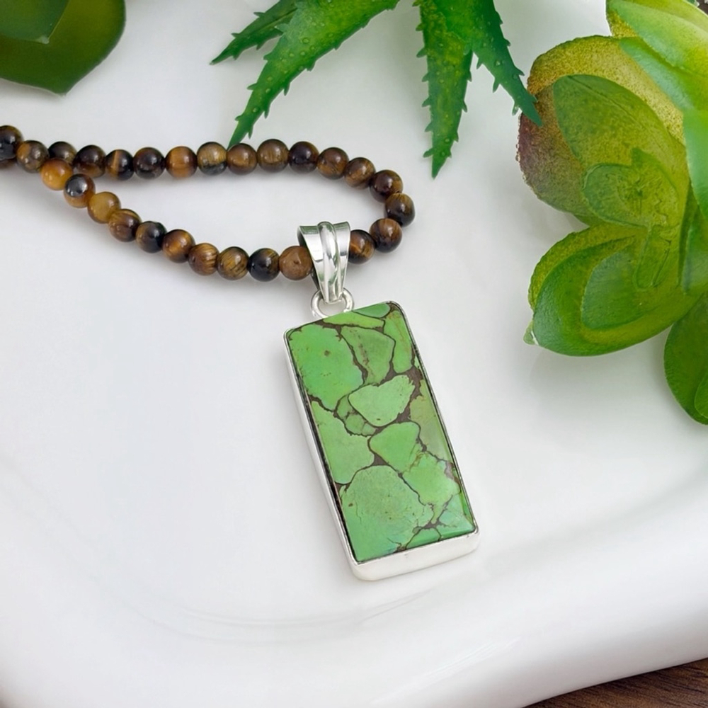 Boho Southwest Genuine Green Copper Turquoise Pendant Necklace Handmade New 925 - Picture 5 of 7